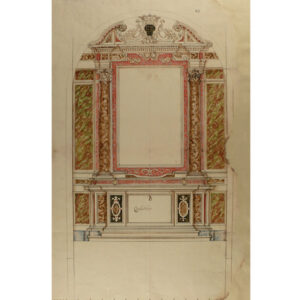 Prospetto di altare per la Chiesa di Santa Maria di Caravaggio, disegno a penna ed inchiostro acquerellato, Roma, AGSP, Reg. Prov. 13. L’iscrizione al centro indica Carlo Solaro