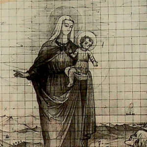 Antonio Giuseppe Santagata, L’apparizione della Vergine a Benedetto Pareto, 1966, bozzetto, tecnica mista su carta, 300 x 400 mm, Genova, collezione privata