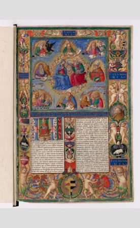 Miniatore della cerchia di Pinturicchio, Coronazione della Vergine, da Giovanni Antonio Sangiorgi, Super Decreto Gratiani, Vaticano, Biblioteca Apostolica Vaticana, ms VAt. Lat. 2260, c. 1r © Biblioteca Apostolica Vaticana