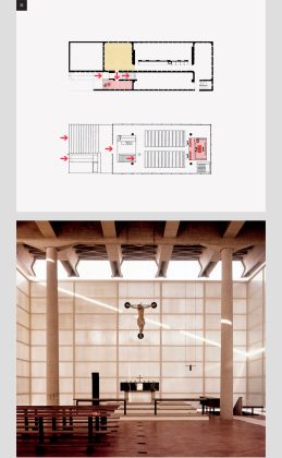 Chiesa di Nostra Signora della Misericordia, Baranzate di Bollate (Milano), archh. Angelo Mangiarotti (1921-2012) e Bruno Morassutti (1920-2008), ing. Aldo Favini (1916-2013), scultore Gino Cosentino (1916-2005), 1957-1958 · Planimetria n · Interno della chiesa, vista verso l’altare