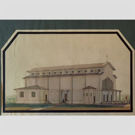 Disegno progettuale per una chiesa nella quale sono presenti capitelli trapezoidali, tirantature lineari in cemento armato e protiri ‘a mensola’ con copertura piana, Milano, ASBA, Fondo Laboratorio Architettura