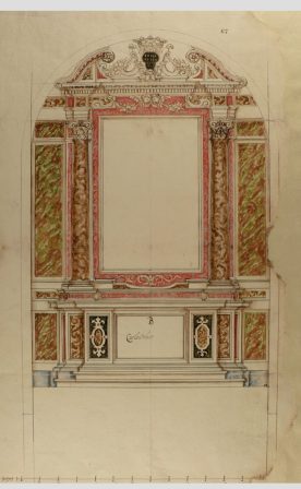 Prospetto di altare per la Chiesa di Santa Maria di Caravaggio, disegno a penna ed inchiostro acquerellato, Roma, AGSP, Reg. Prov. 13. L’iscrizione al centro indica Carlo Solaro